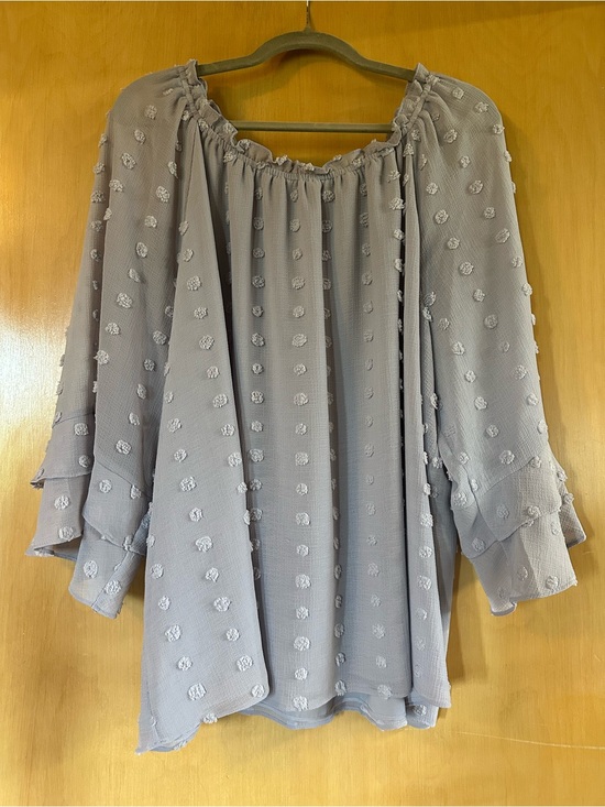 Cato Tops - Cato Light Gray Swiss Dot Peasant Tunic